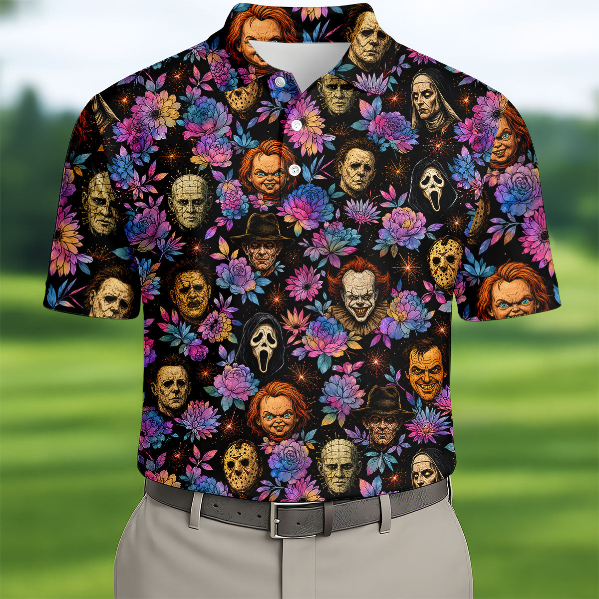 Floral Horror Character Halloween Golf Shirt, Golf Shirts For Men, Mens Golf Apparel