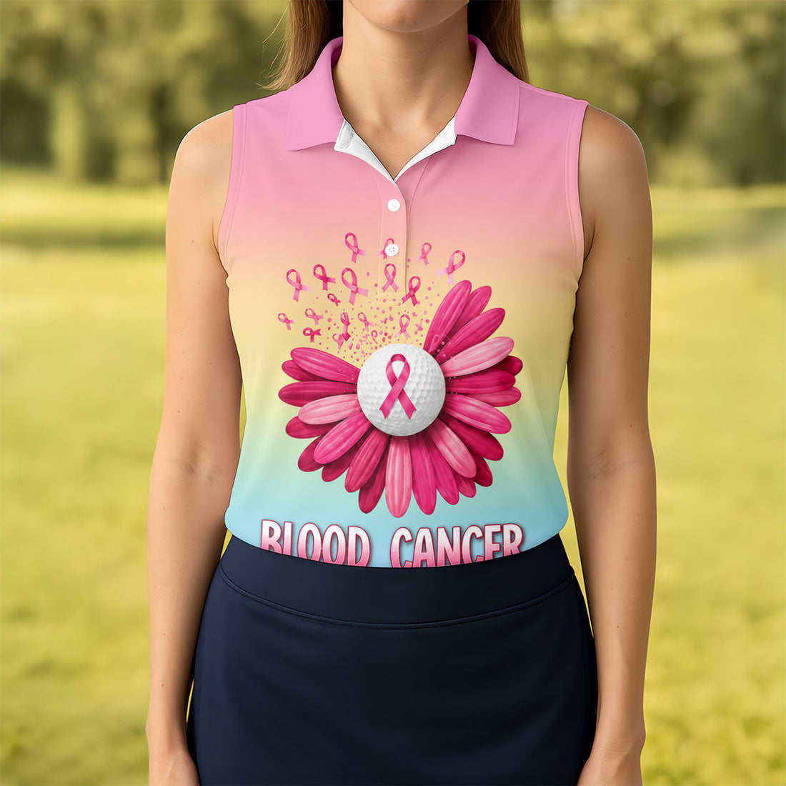 Blood Cancer Awareness Flower Golf Polo Shirt, Women's Golf Tops, Women's Golf Apparel
