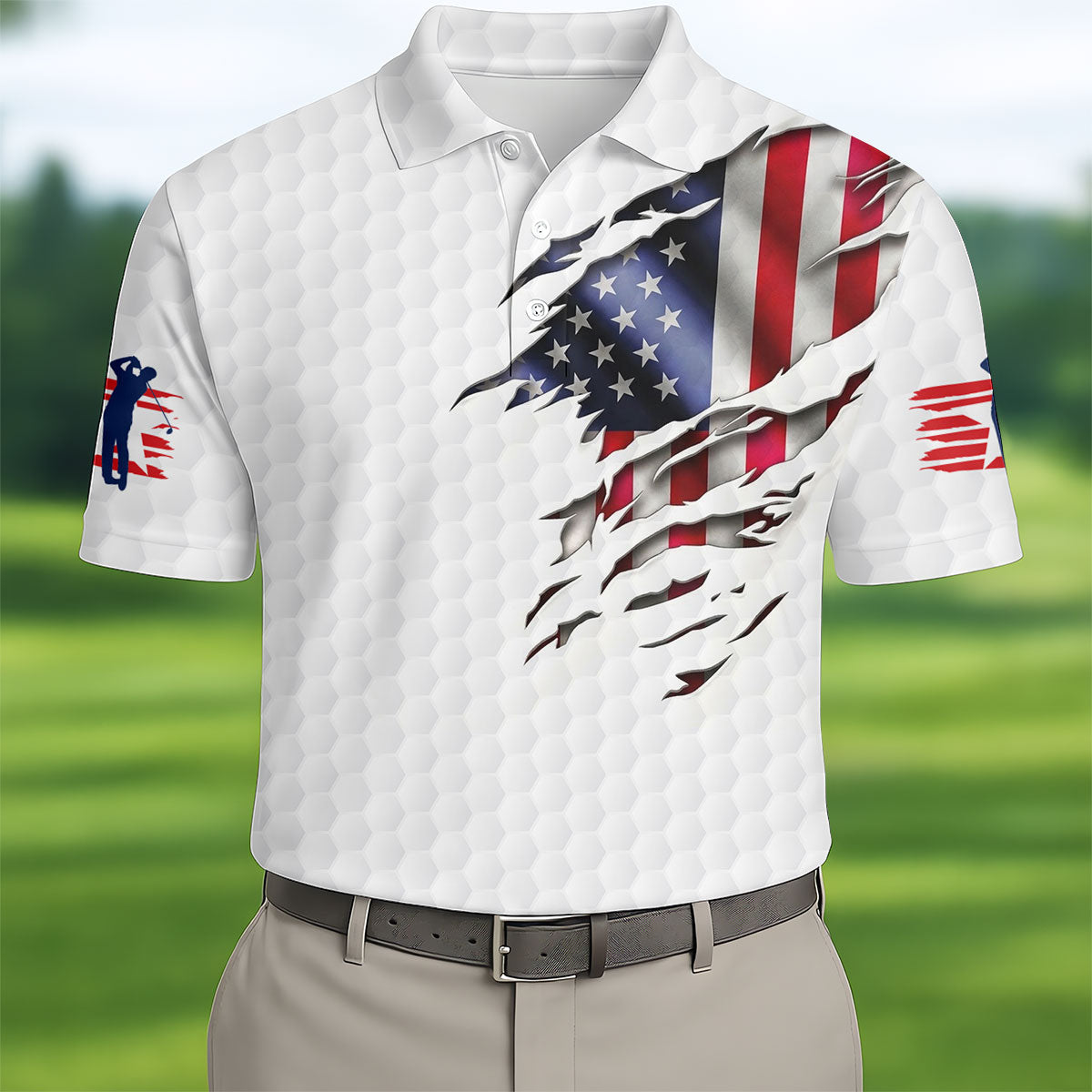 I Put It In Every Hole Ripped American Flag 250 Patriotic Golf Shirt, 4th Of July Golf Shirts For Men