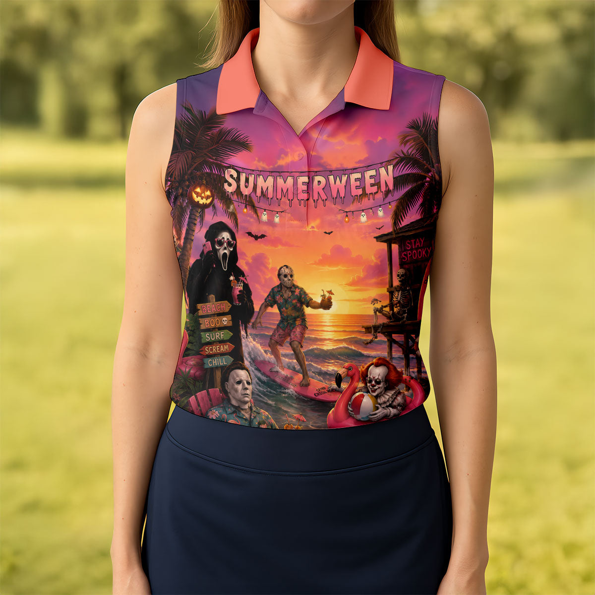 Summerween Halloween Horror Character Golf Shirt, Golf Shirts For Women, Printed Golf Shirt