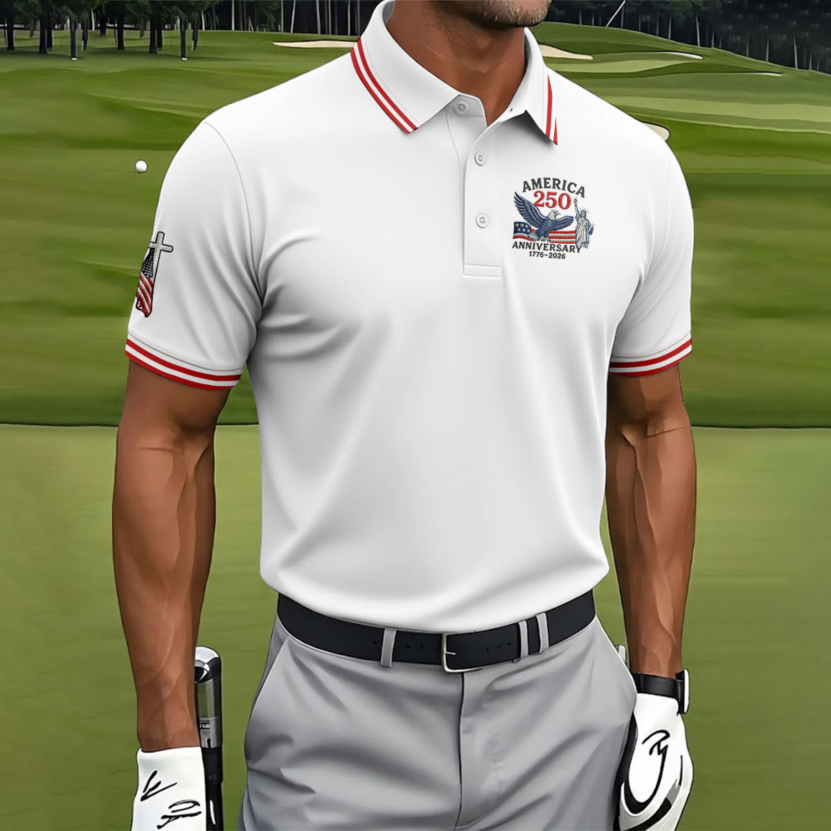 Faith Cross Bald Eagle America 250 Anniversary Patriotic Golf Shirt, Golf Shirts For Men