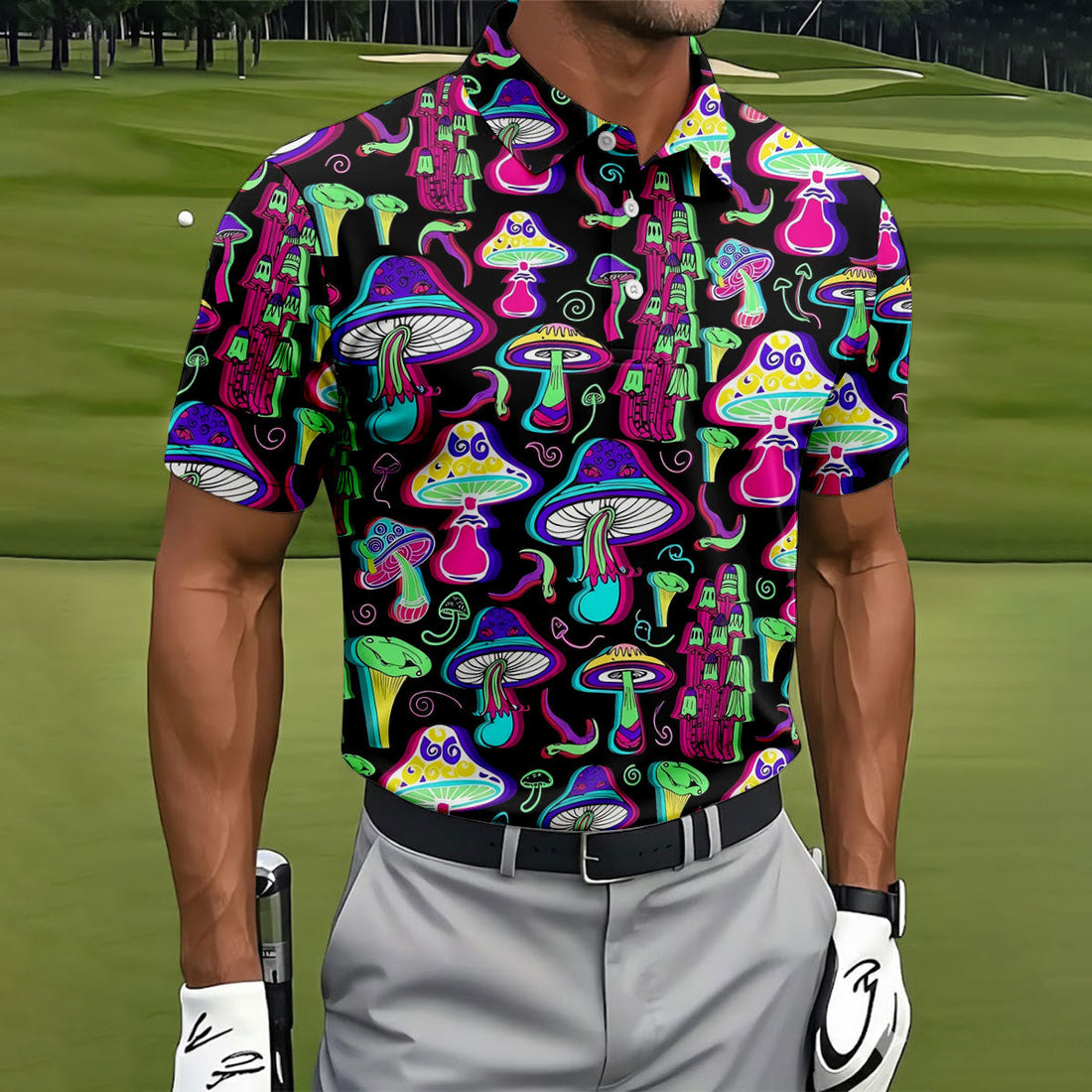 Black Neon Mushroom Pattern Golf Shirt, Mens Golf Polo, Golf Apparel For Men, Printed Golf Shirts