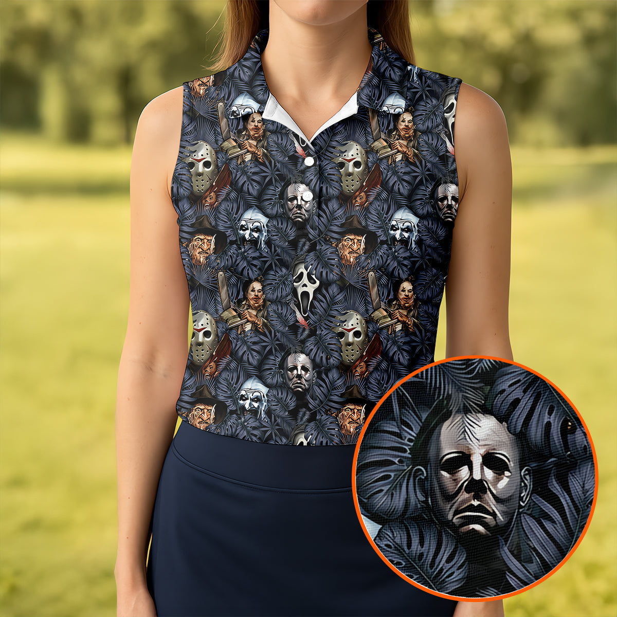 Tropical Horror Character Halloween Golf Shirt, Women's Golf Apparel, Golf Polo For Women