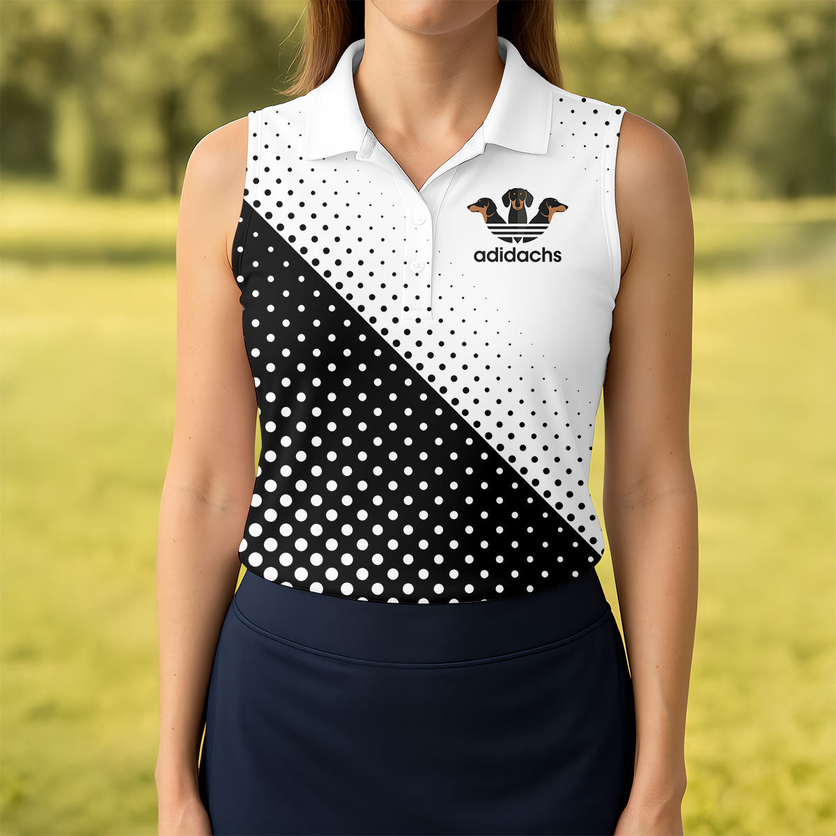 Adidachs Funny Dachshund White Golf Shirt, Fun Women's Golf Shirts, Ladies Golf Shirts