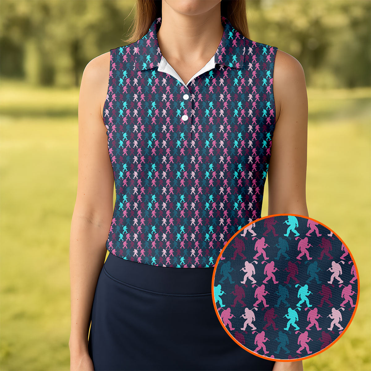 Funny Colorful Bigfoot Golfer Pattern Polo Shirt, Womens Golf Tops, Women’s Golf Apparel