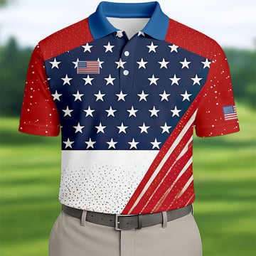 White Star Patriotic 4th Of July American Flag Golf Polo Shirt, Patriotic Golf Shirt, Golf Shirts For Men