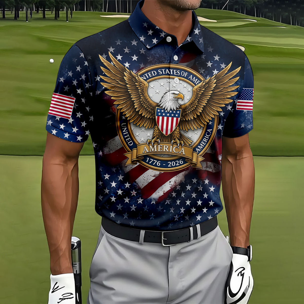 250th Anniversary USA Bald Eagle Distressed Golf Shirt, Patriotic 4th Of July Golf Shirts For Men