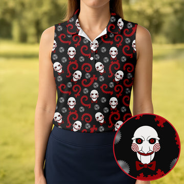 Creepy Puppet Spiral Halloween Golf Polo Shirt, Horror Movie Shirt, Golf Shirts For Women