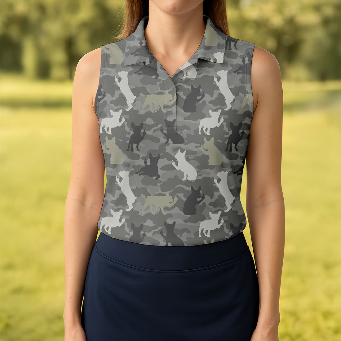 Grey Camo French Bulldog Pattern Golf Shirt, Women's Golf Shirt, Golf Polo For Women, Golf Shirts For Women