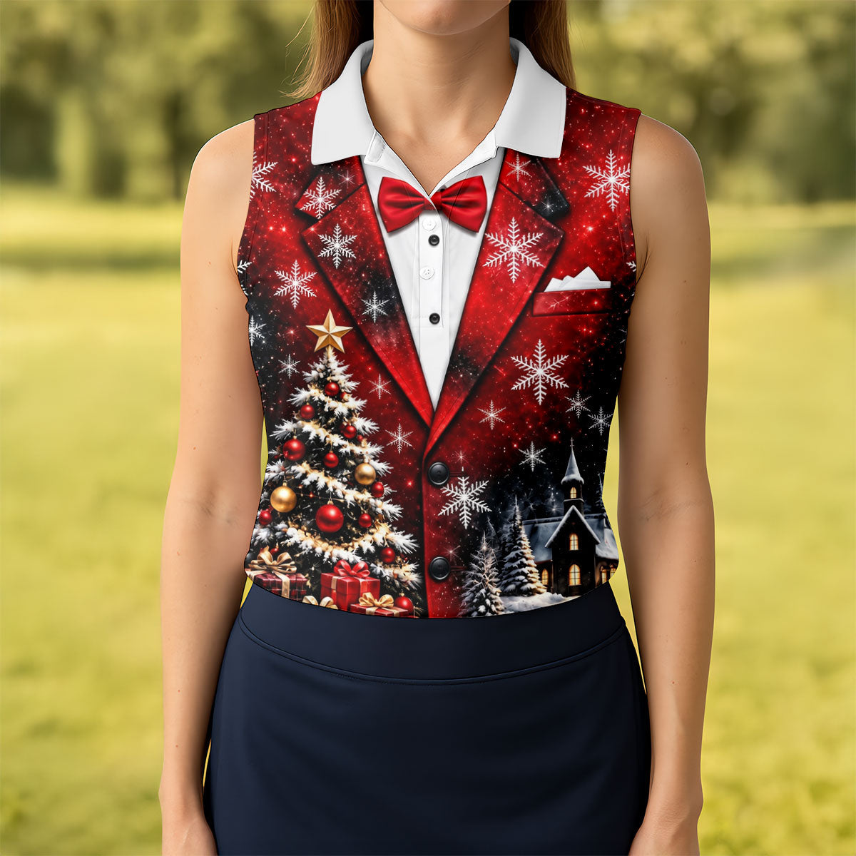 Tuxedo Tree Snowflakes Christmas Golf Shirt, Ladies Golf Shirts, Golf Tops For Women
