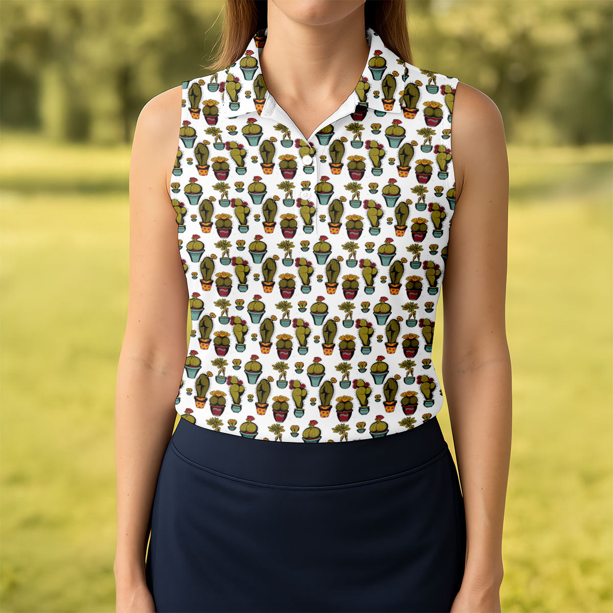 Cute Potted Cactus Pattern Golf Polo Shirt, Ladies Golf Tops, Women's Golf Polo