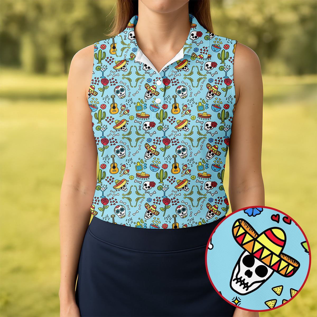 Mexican Sugar Skull Sombrero Guitar Cinco De Mayo Celebration Fiesta Themed Golf Shirt For Women