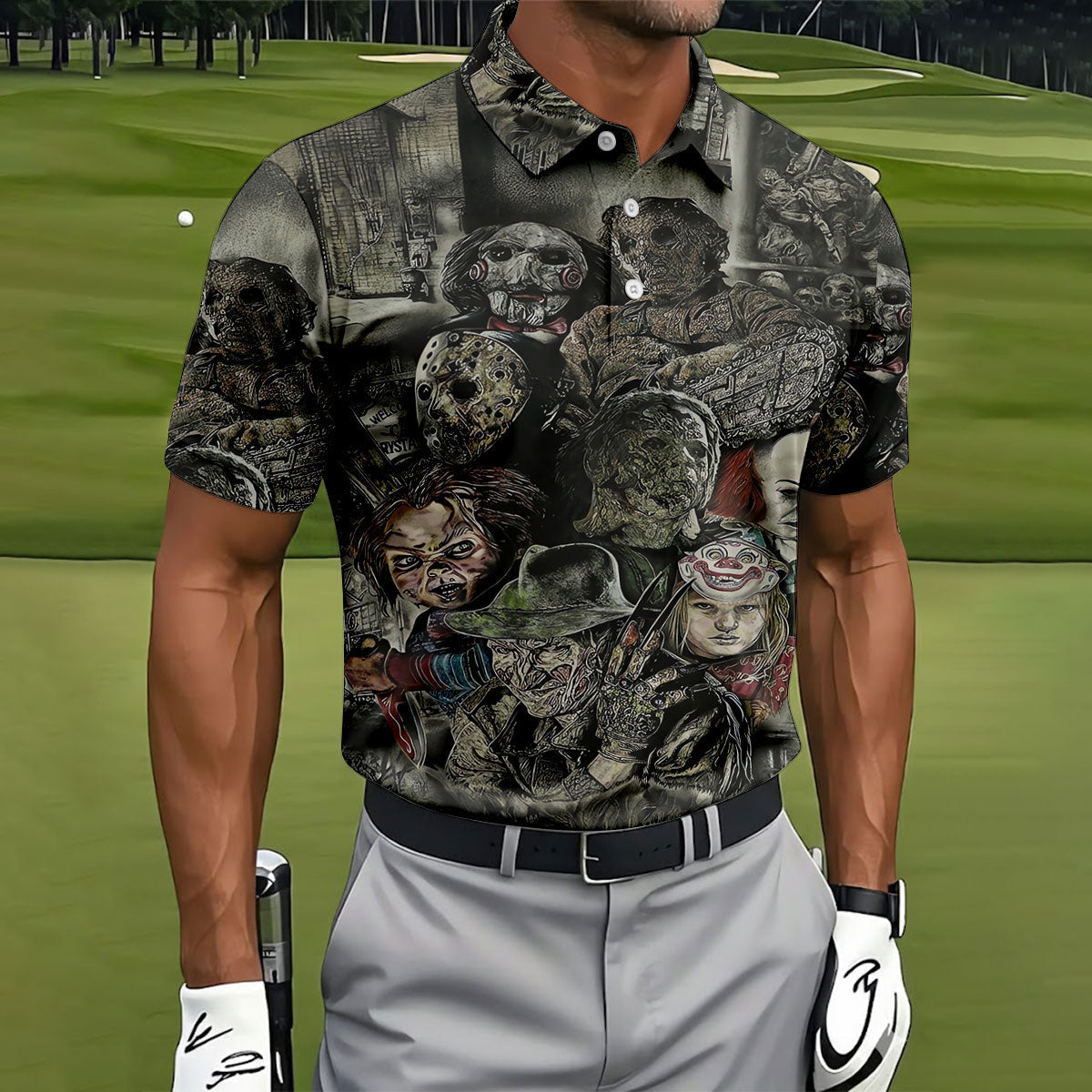 Horror Character Collage Golf Polo Shirt, Men's Golf Polo, Hawaiian Golf Shirt