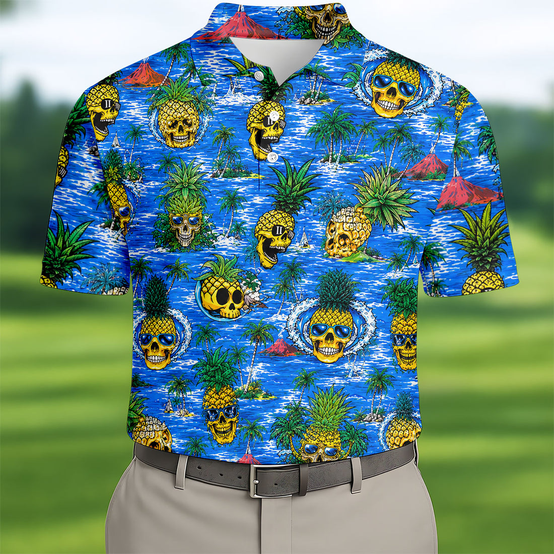 Pineapple Skull Golf Shirt, Tropical Island Volcano Pattern, Golf Shirt For Men