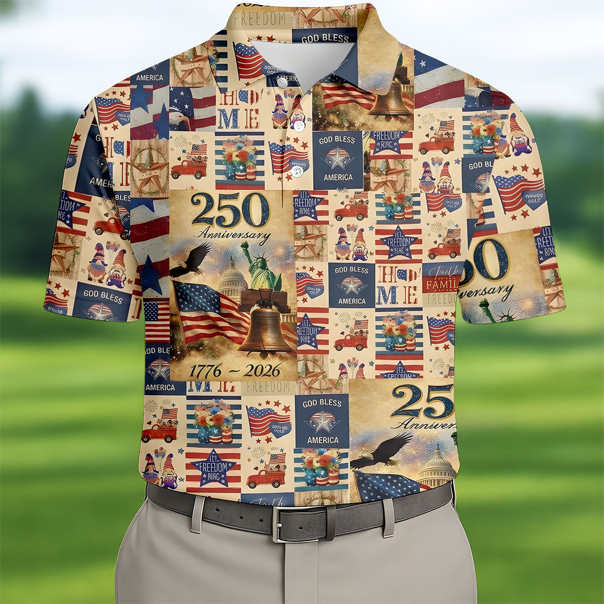 God Bless America Celebrating 250 Retro Golf Shirt, Patriotic 4th Of July Golf Shirts For Men