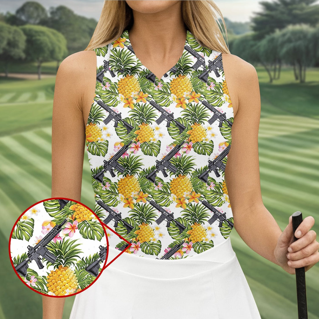 Tropical Pineapple Rifle Golf Shirt, Hawaiian Tactical Print, Women’s Golf Polo
