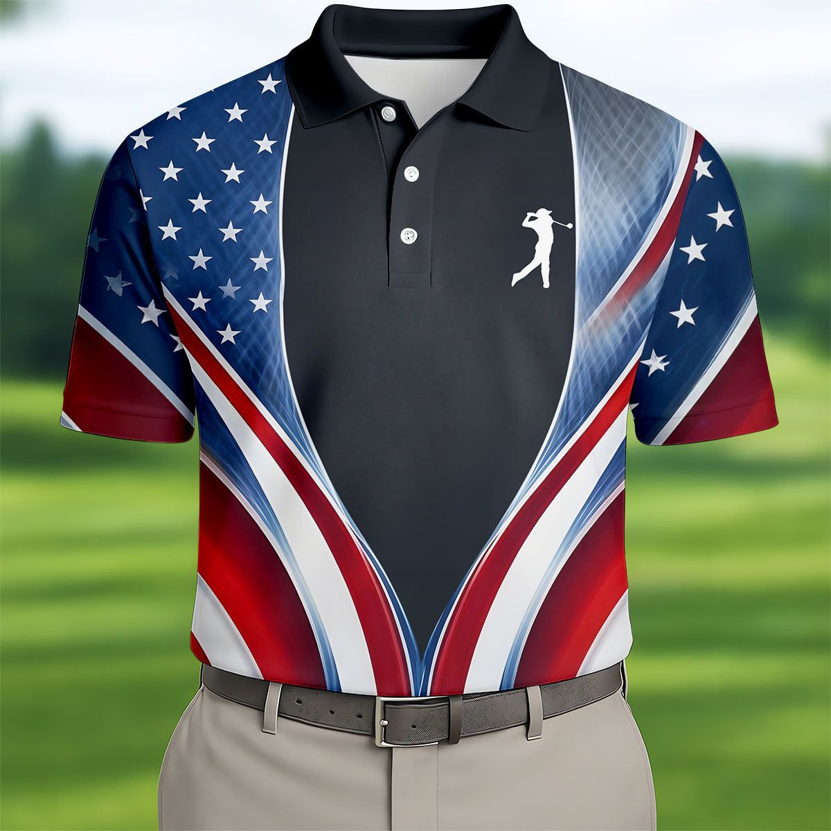 Red White Blue Wavy Stripes Patriotic Golf Shirt, 250 Years 4th Of July Golf Shirts For Men