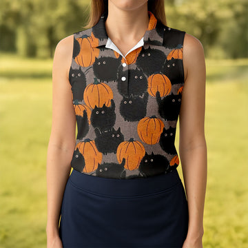 Black Cat Pumpkin Halloween Golf Polo Shirt, Women's Golf Apparel, Golf Shirts For Women