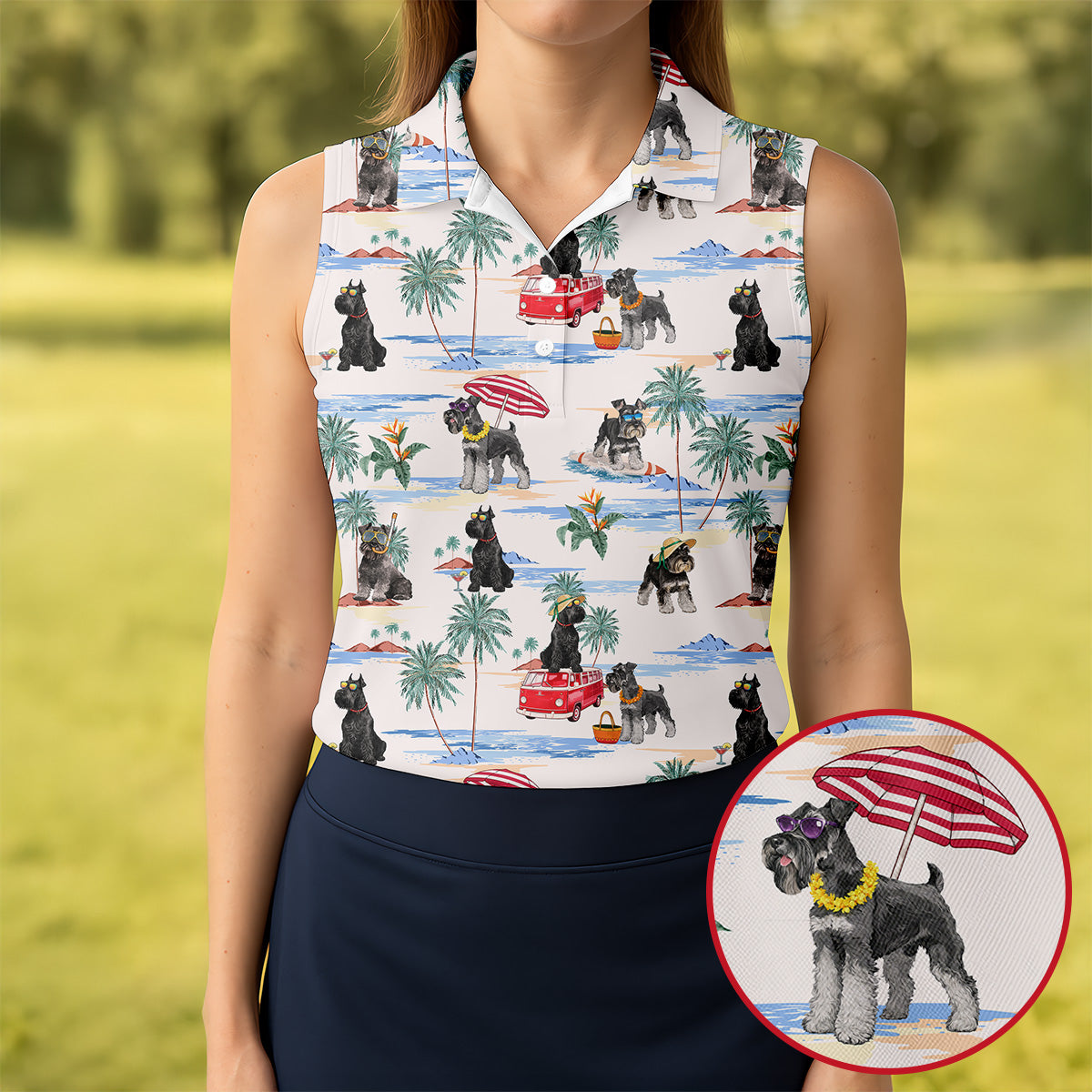 Schnauzer Beach Vacation Tropical Golf Polo Shirt, Golf Shirts For Women, Women’s Golf Apparel