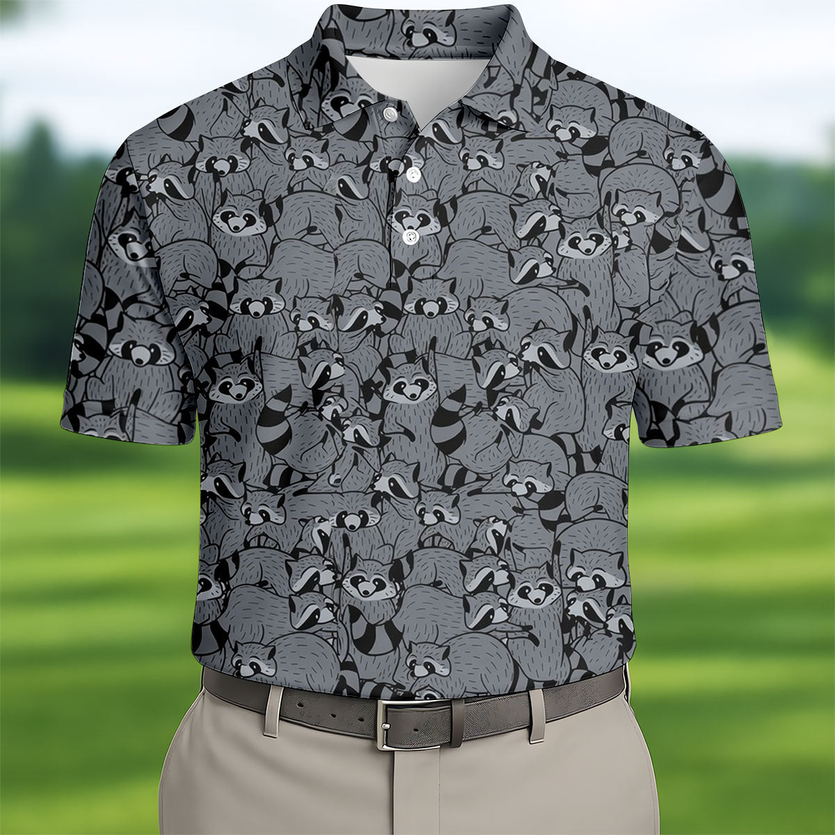 Gray Cartoon Raccoon Pattern Golf Polo Shirt, Men's Golf Shirt, Golf Polo Shirts For Men