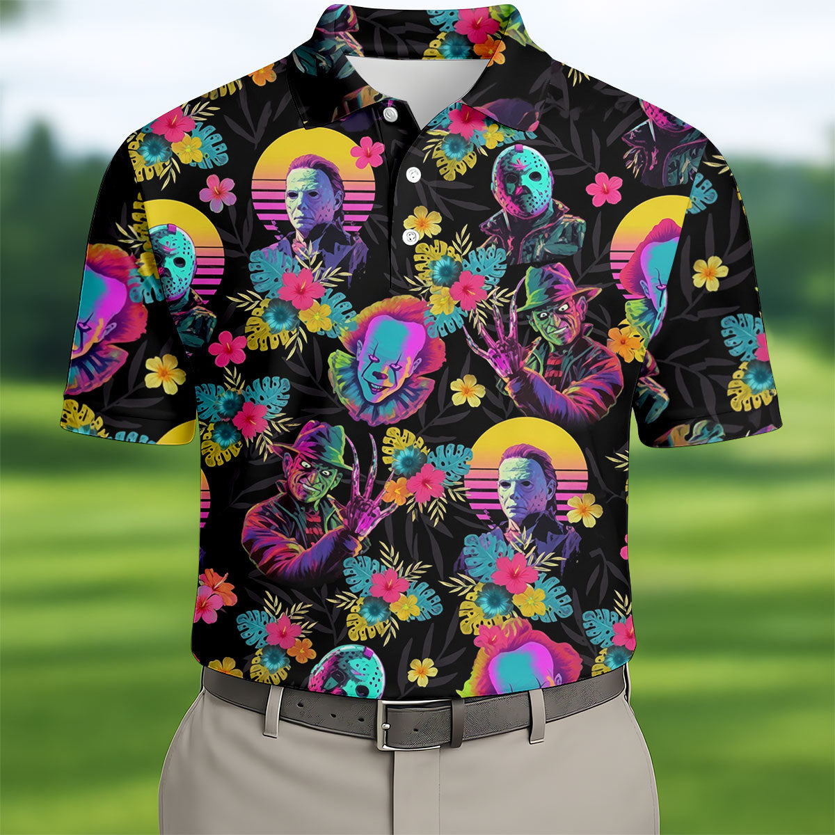 Neon Floral Halloween Horror Character Hawaiian Golf Shirt, Men's Golf Shirt, Mens Golf Polo
