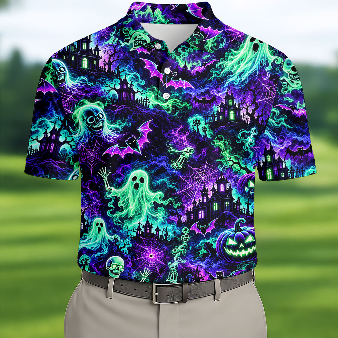 Neon Ghost Skeleton Halloween Horror Character Polo Shirt, Golf Shirt, Mens Golf Polo