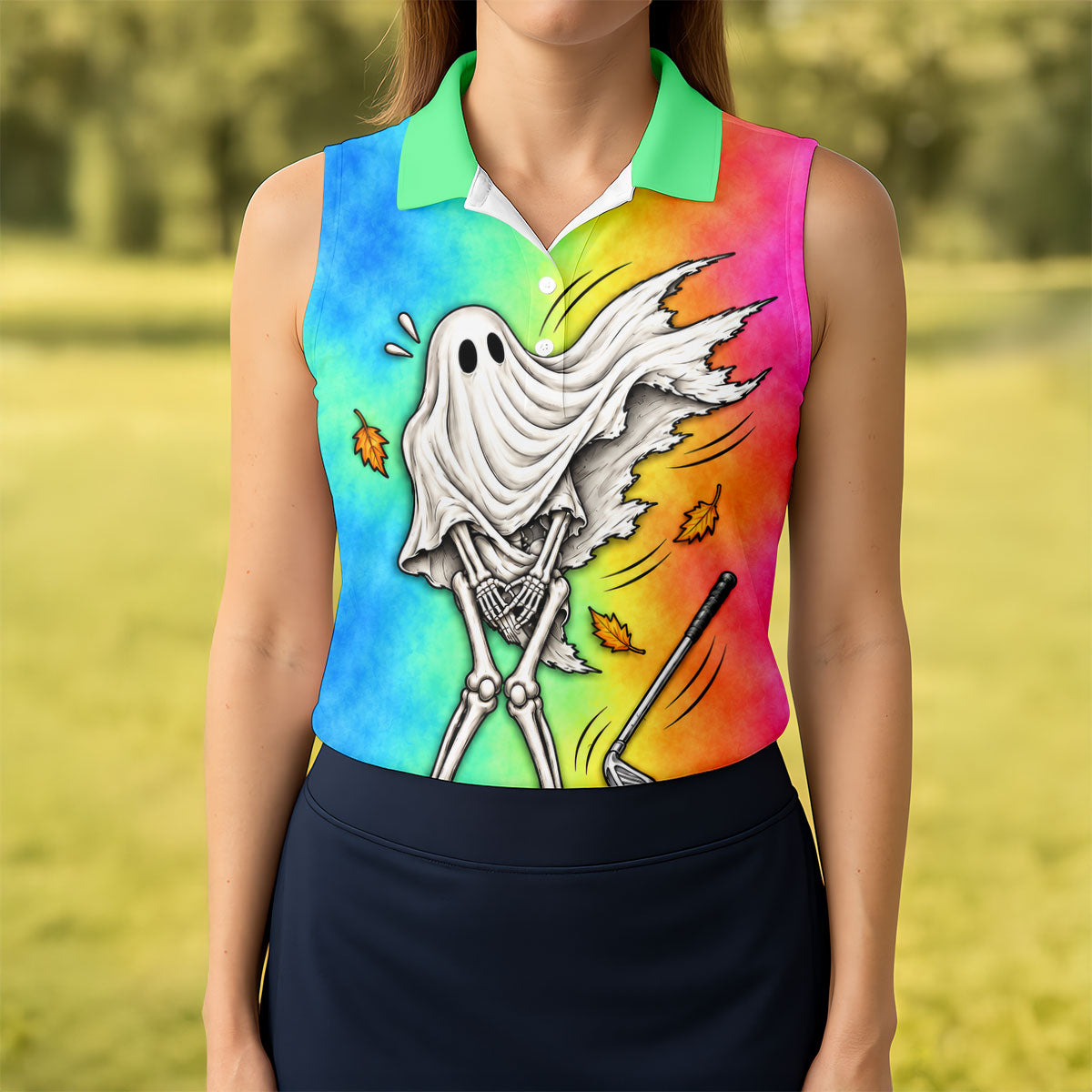 Windy Skeleton Ghost Golf Polo Shirt, Women's Halloween Shirt, Ladies Golf Shirts