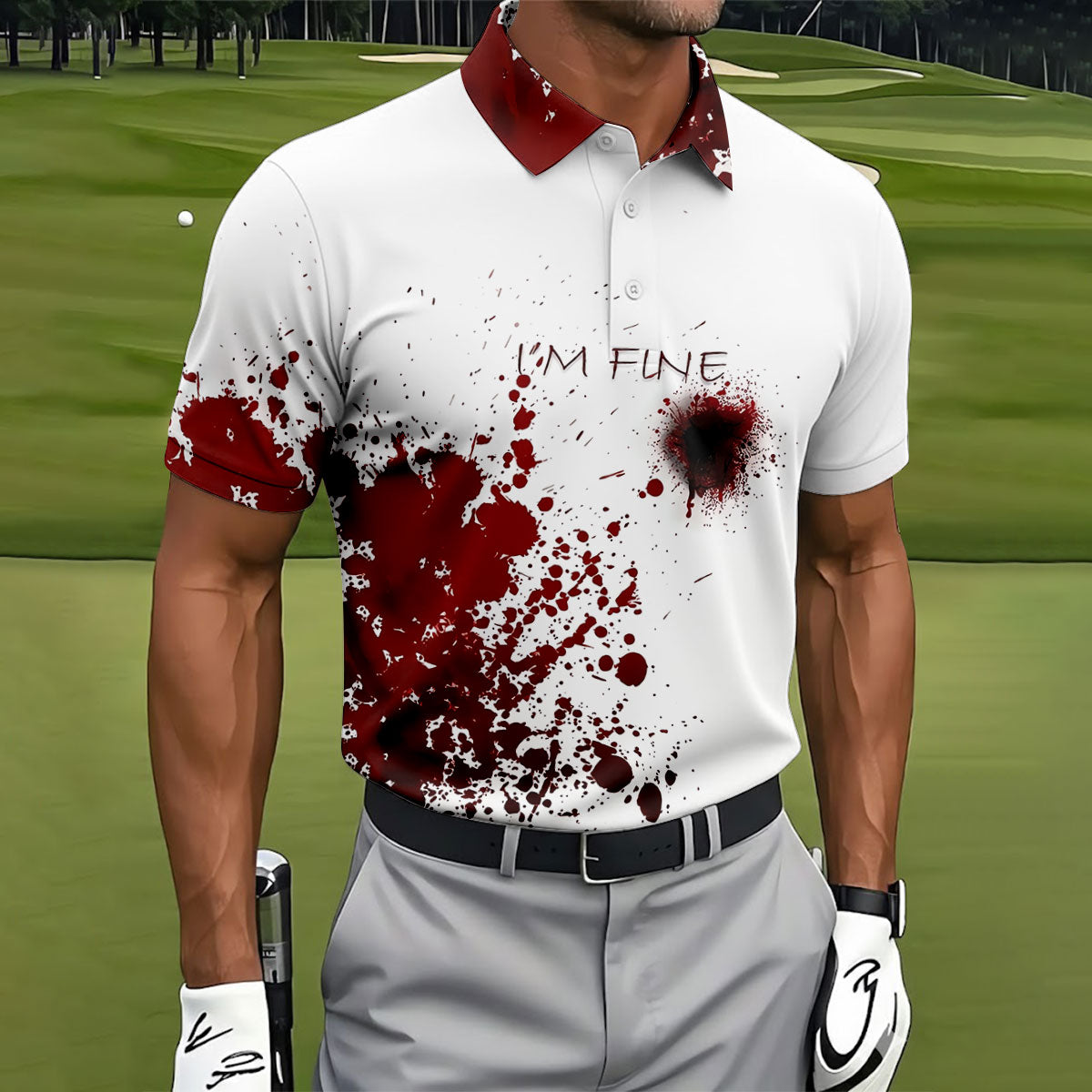 I'm Fine Bloody Splatter Horror Halloween Golf Polo Shirt, Mens Golf Shirts, Printed Golf Shirts