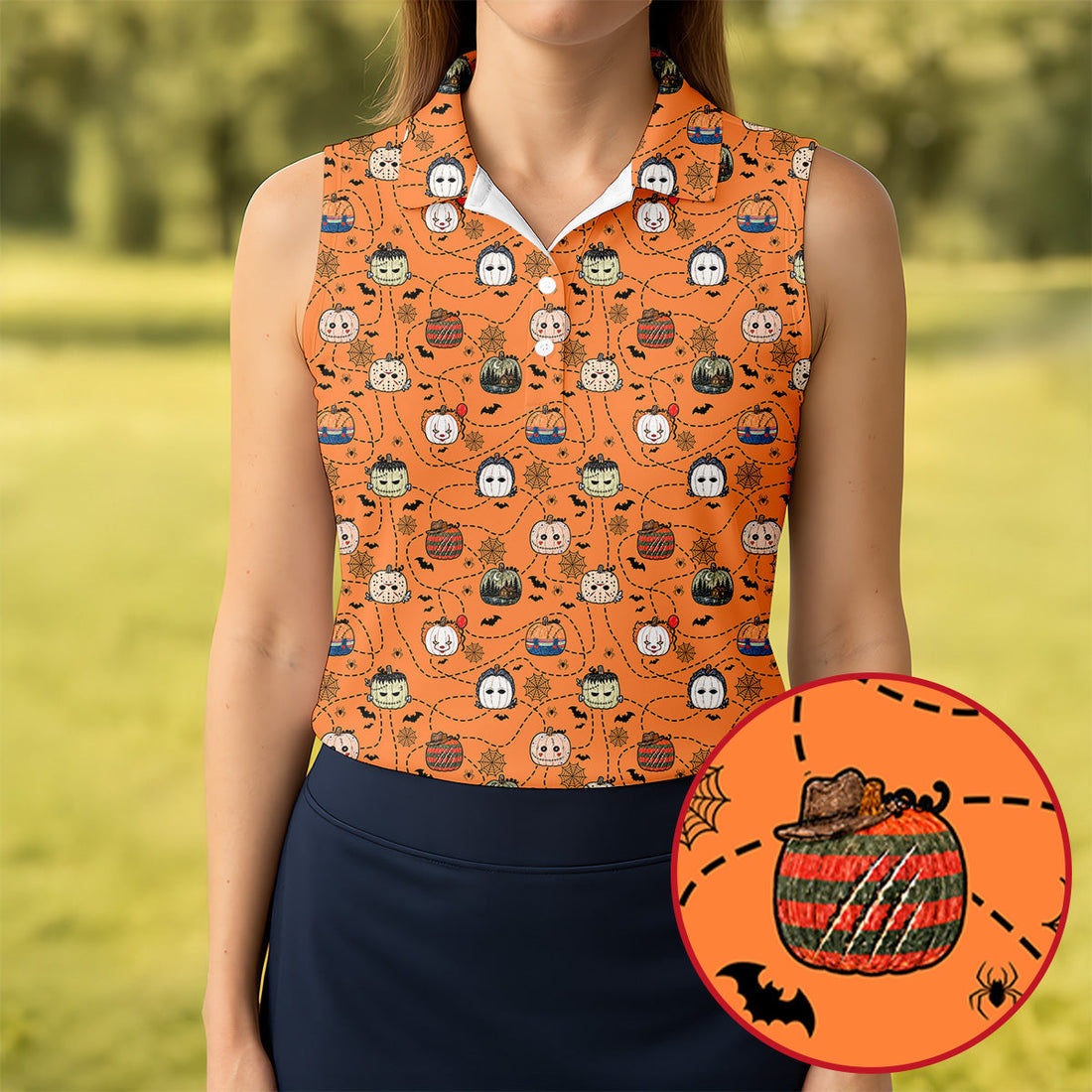 Orange Horror Character Pumpkin Pattern Golf Polo Shirt, Ladies Golf Shirts, Womens Golf Tops