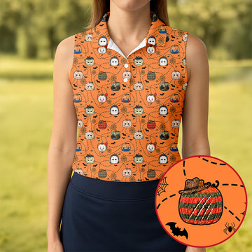 Orange Horror Character Pumpkin Pattern Golf Polo Shirt, Ladies Golf Shirts, Womens Golf Tops