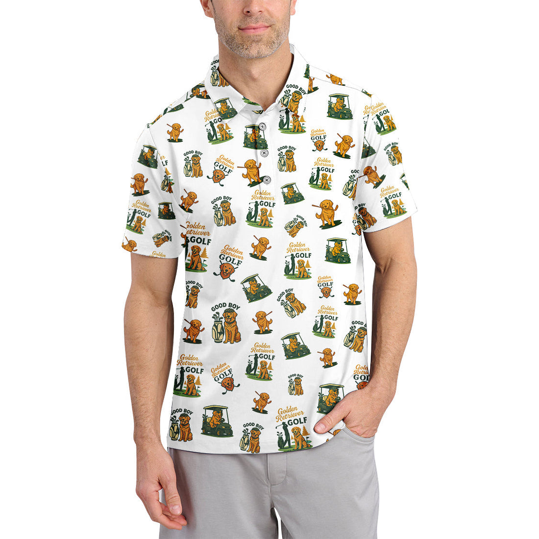 Golden Retriever Pattern Golf Shirt For Men's, Crazy Golf Polos, Funny Golf Shirts For Golfers