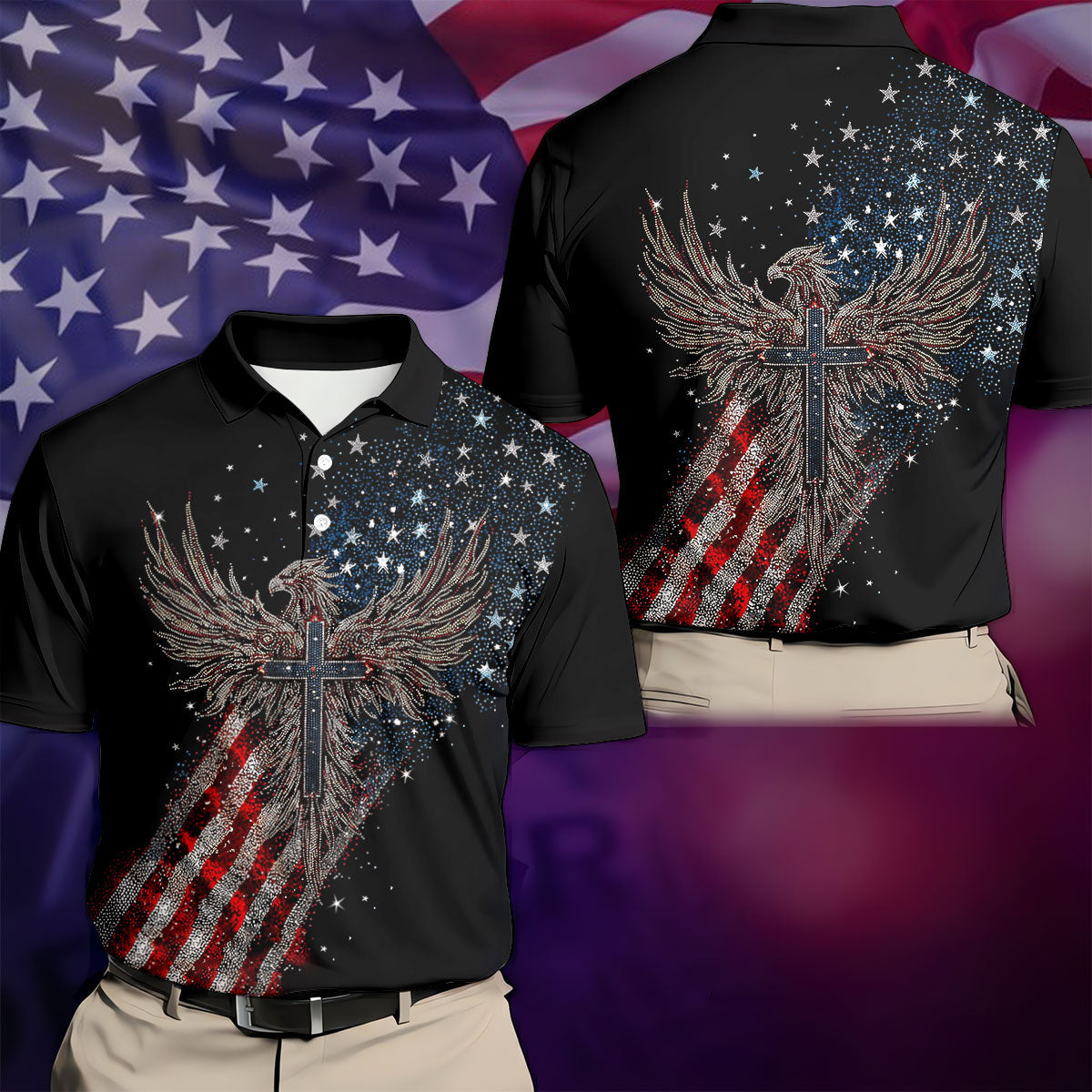 Faith Cross Patriotic Eagle Rhinestones Pattern 4th Of July Golf Shirt, 250 Years Golf Shirts For Men