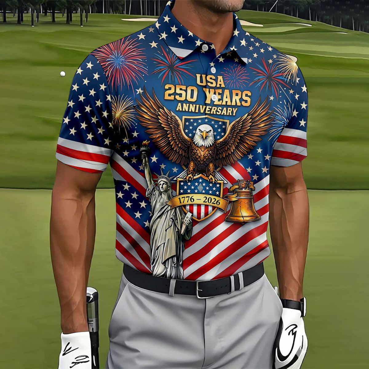 USA 250 Years Stars And Stripes Bald Eagle Golf Shirt, Patriotic 4th Of July Golf Shirts For Men