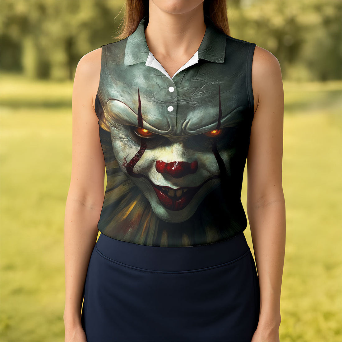 Scary Clown Face Halloween Polo Shirt, Golf Tops For Women, Women’s Golf Apparel