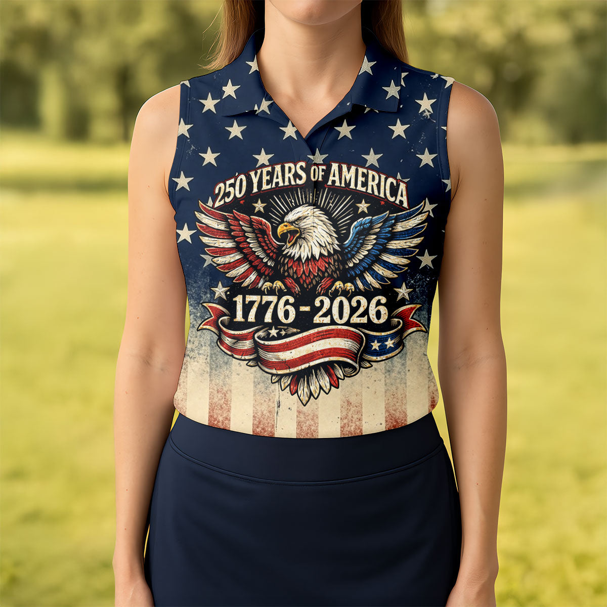 250 Years Bald Eagle US Flag Retro Golf Shirt, Patriotic 4th Of July Golf Shirt For Women