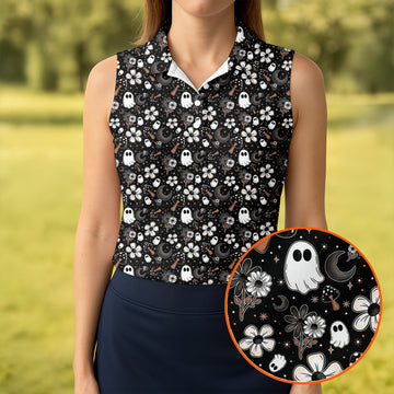 Ghost Horror Character Floral Halloween Golf Polo Shirt, Spooky Shirt, Women's Golf Shirt