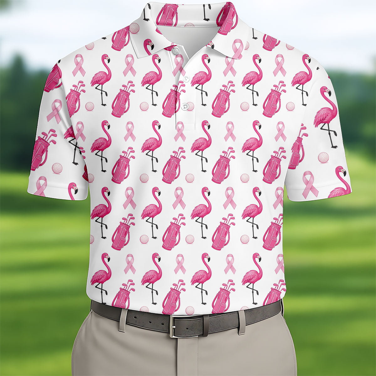 Pink Flamingo Golf Bag Breast Cancer Polo Shirt, Men's Golf Shirt, Printed Golf Shirts