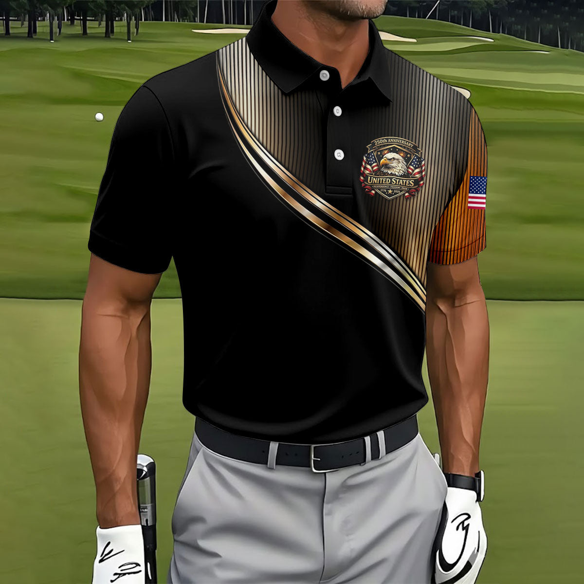 250th Anniversary Metallic Looking Patriotic Golf Shirt, 4th Of July Golf Shirts For Men
