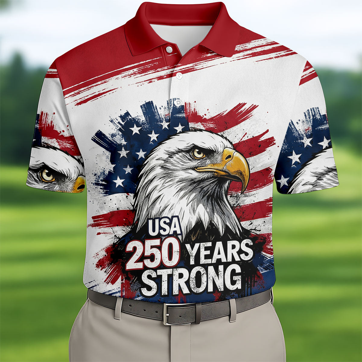 USA 250 Years Strong Bald Eagle American Flag Golf Shirt, Patriotic 4th Of July Golf Shirts For Men