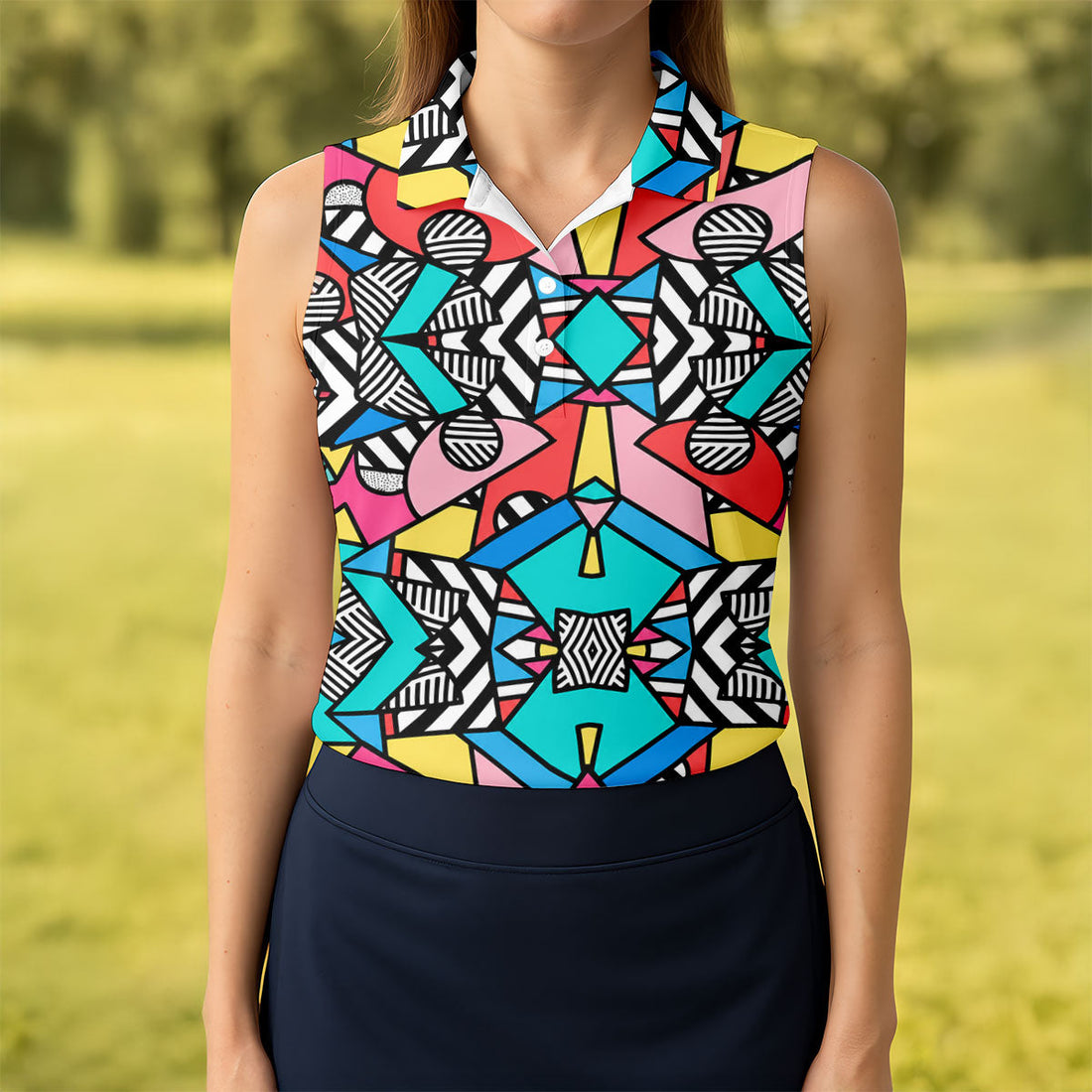Abstract Geometric Pop Art Golf Polo Shirt, Women's Golf Tops, Women’s Golf Apparel