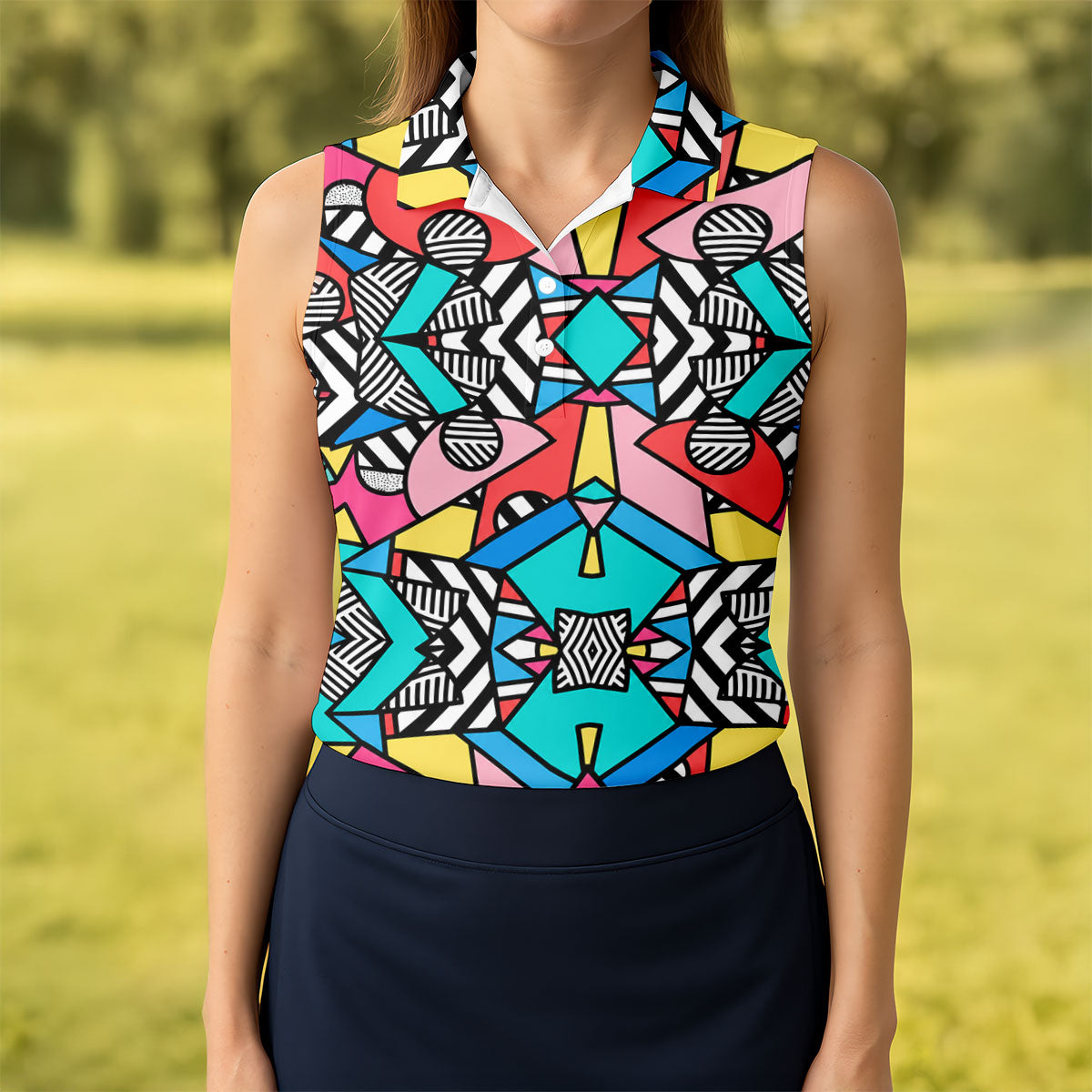 Abstract Geometric Pop Art Golf Polo Shirt, Women's Golf Tops, Women’s Golf Apparel