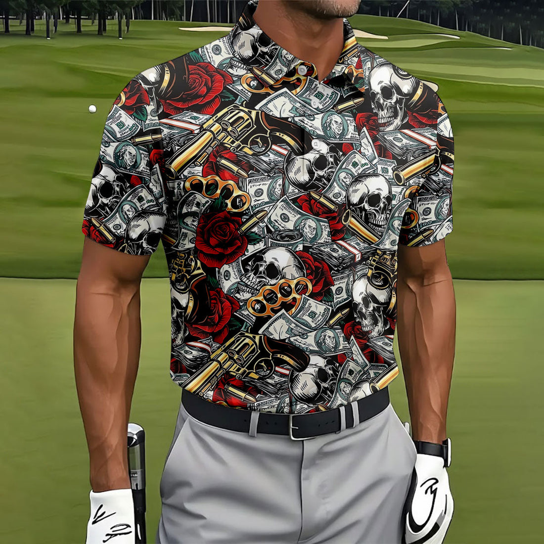 Black Skull Cash Rose Western Pattern Golf Polo Shirt, Men's Golf Shirt, Hawaiian Golf Shirt