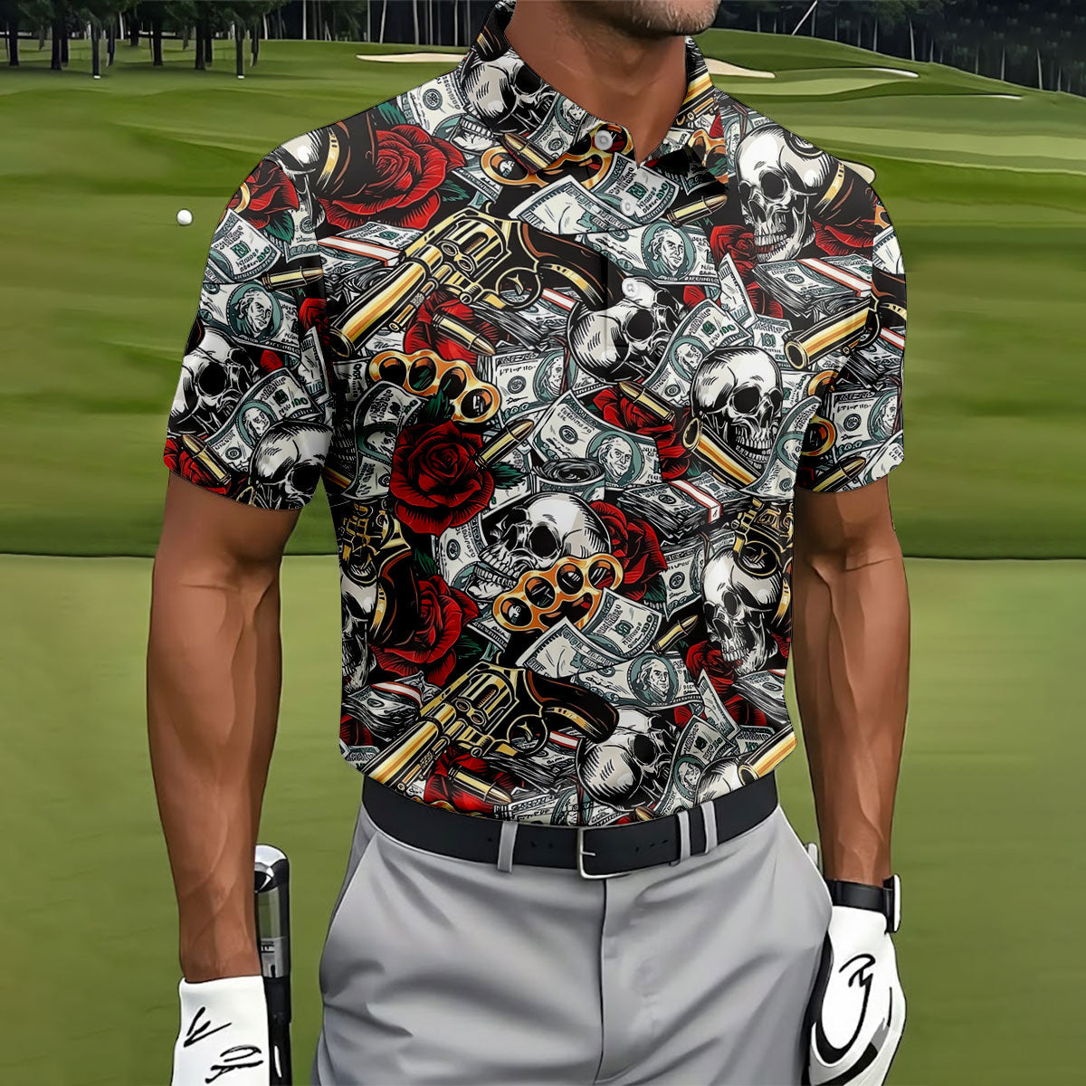 Black Skull Cash Rose Western Pattern Golf Polo Shirt, Men's Golf Shirt, Hawaiian Golf Shirt