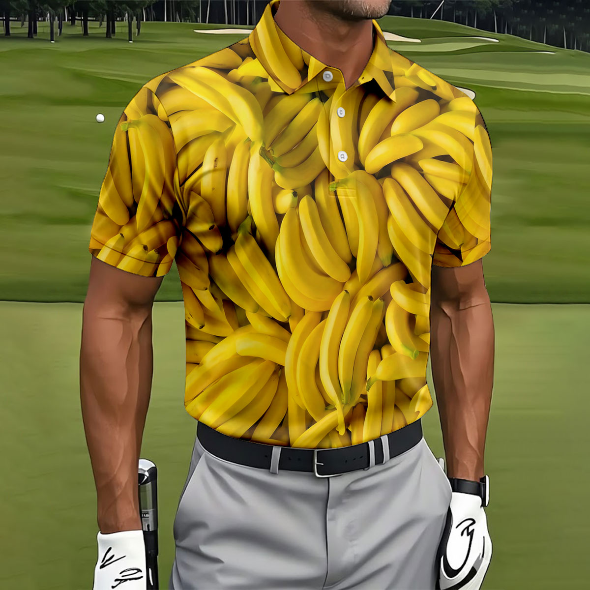 Realistic Banana Print Hawaiian Golf Shirt, Polo Shirts For Men, Mens Golf Apparel