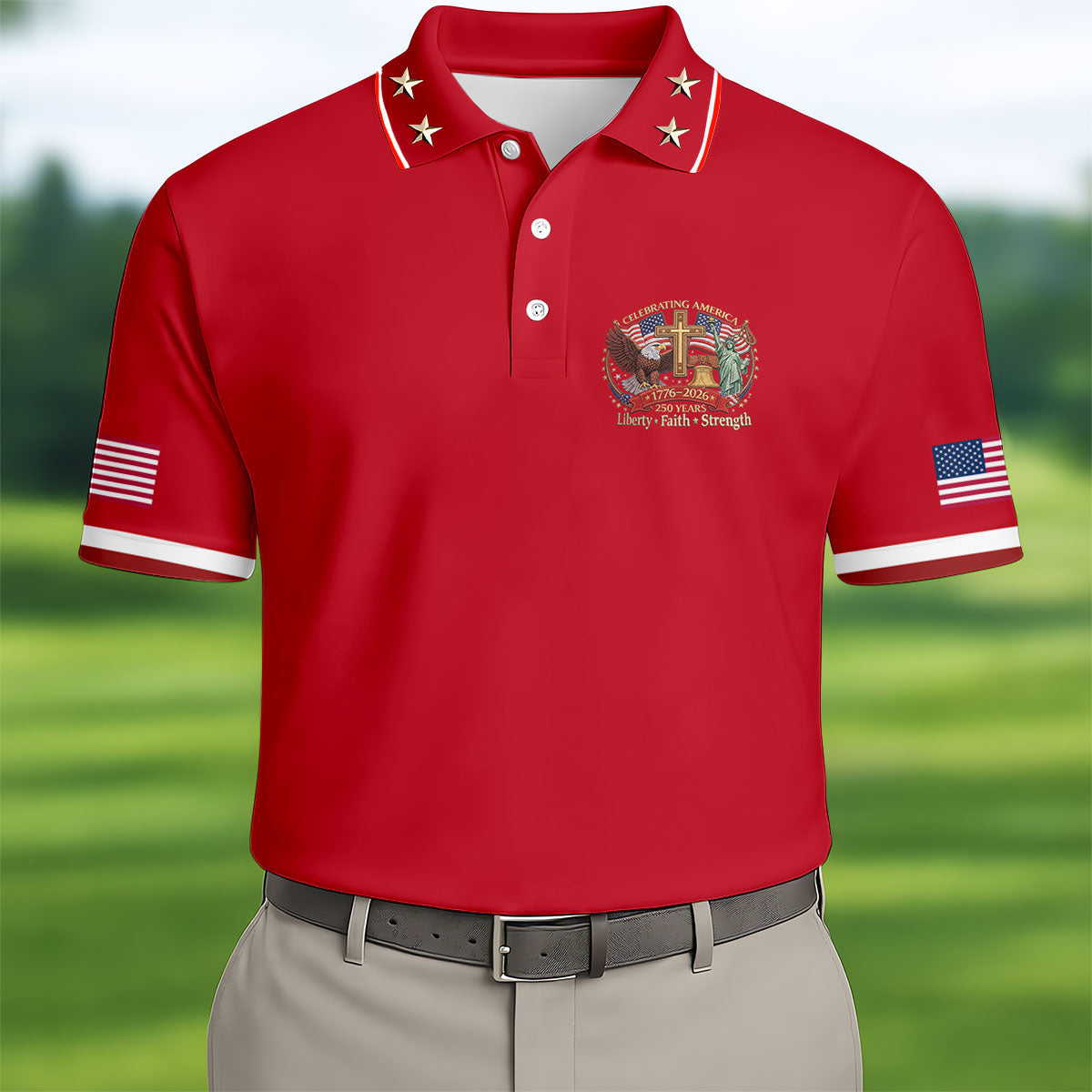 Liberty Faith Strength Faith Cross USA 250 Red Golf Shirt, 4th Of July Golf Shirts For Men