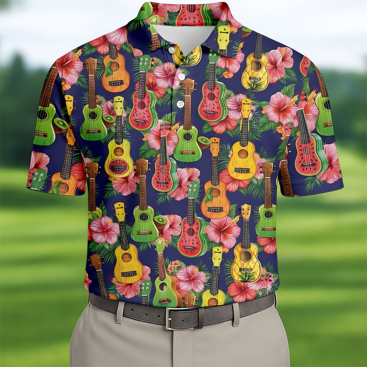 Tropical Ukulele Fruit Pattern 250 Retro Golf Shirt, Hawaiian Vibe Golf Shirts For Men