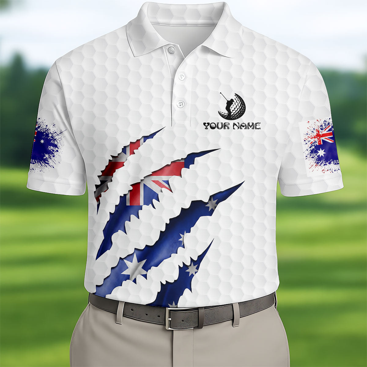 Golf Ball Pattern Australia Flag Print Scratch Effect Men's Golf Top, Golf Shirts For Men