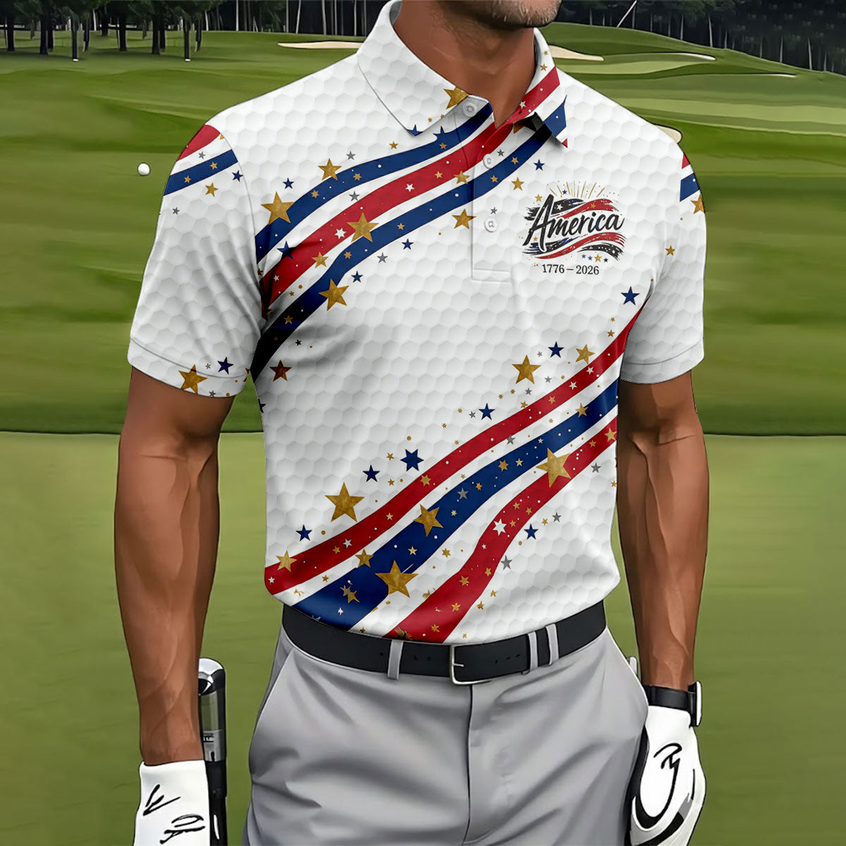 Red White Blue Wavy Stripes Golf Ball Pattern Patriotic Golf Shirt, 250th Anniversary Golf Shirts For Men