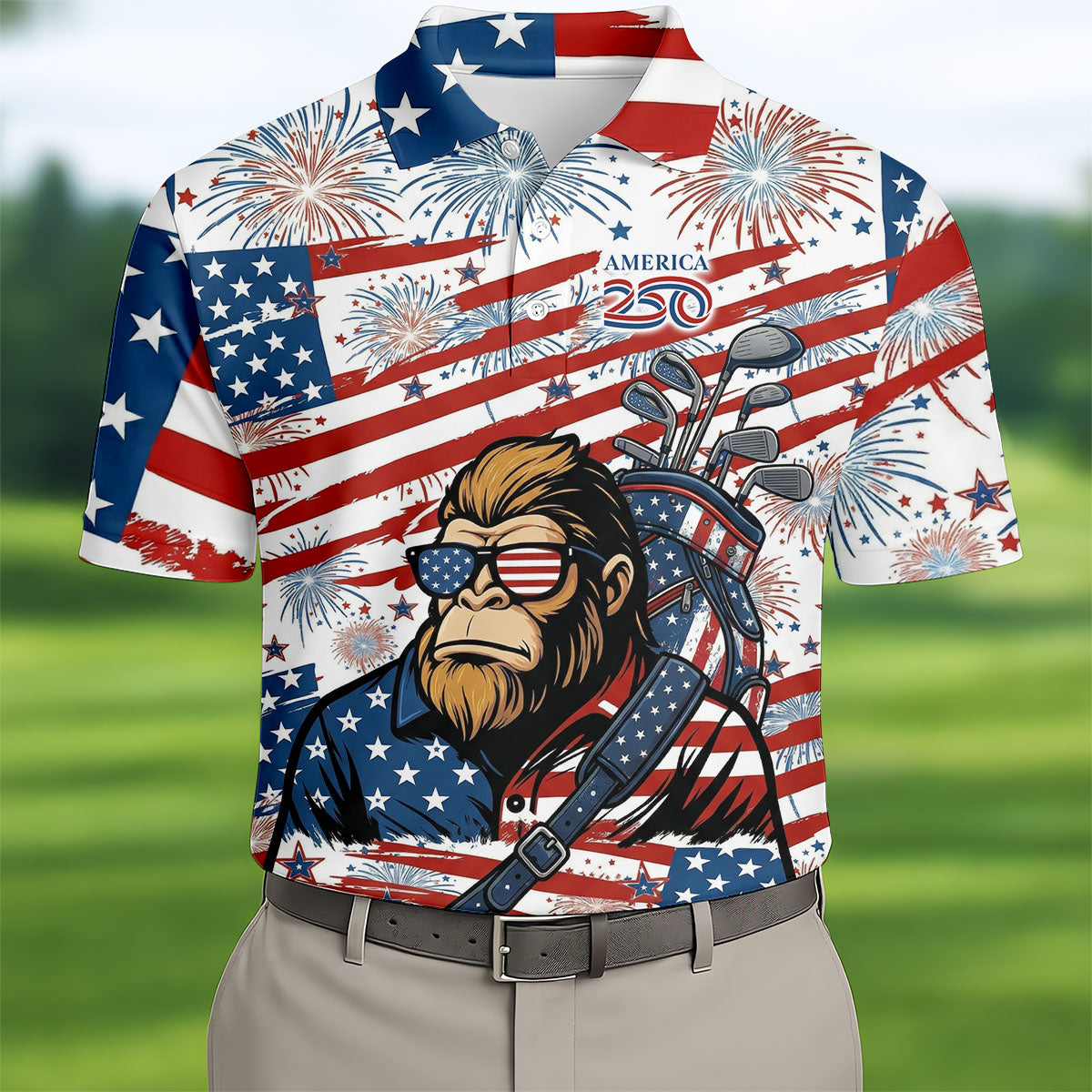 Red White Blue Stars And Stripes 250 Years Bigfoot Golf Shirt, Patriotic 4th Of July Golf Shirts For Men