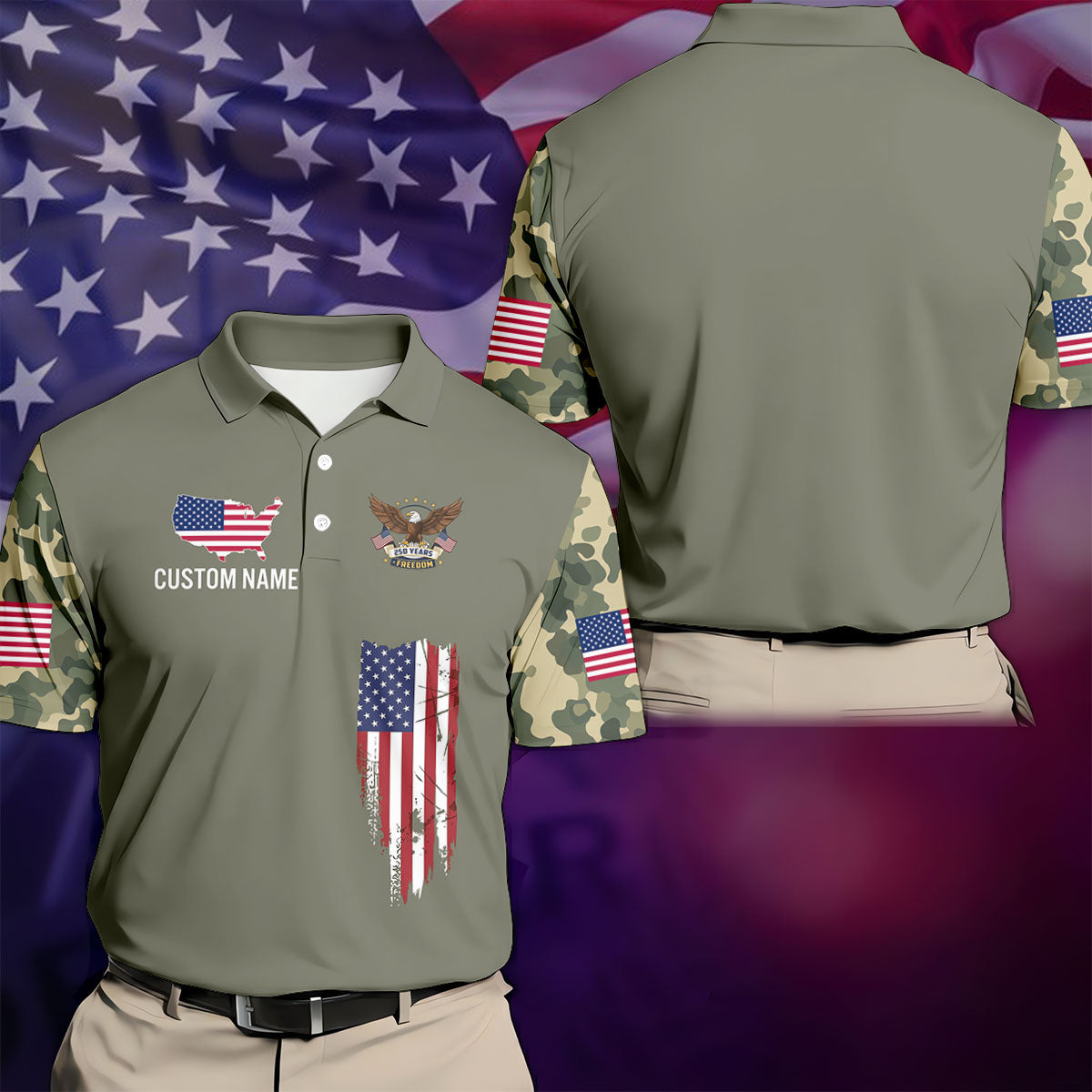 250 Years Freedom Eagle American Flag Camo Golf Shirt, Patriotic 4th Of July Golf Shirts For Men